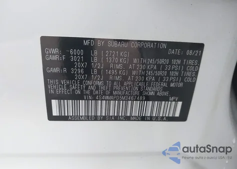 2021 Subaru Ascent Limited z USA, uszkodzony, nr VIN 4S4WMAPD5M3467489